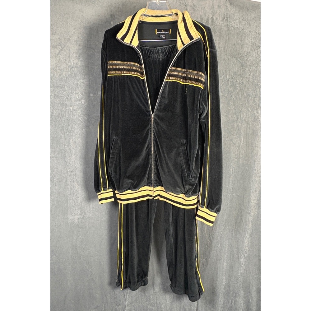 Stacy Adams Mens Vintage Velour Tracksuit Black Gold Full Zip Jacket Pants Set L